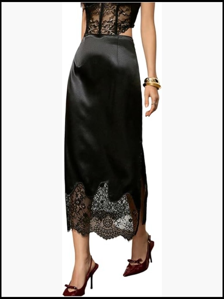 High Waisted A-Line Maxi Skirt With Lace Trim Elegant Formal Evening